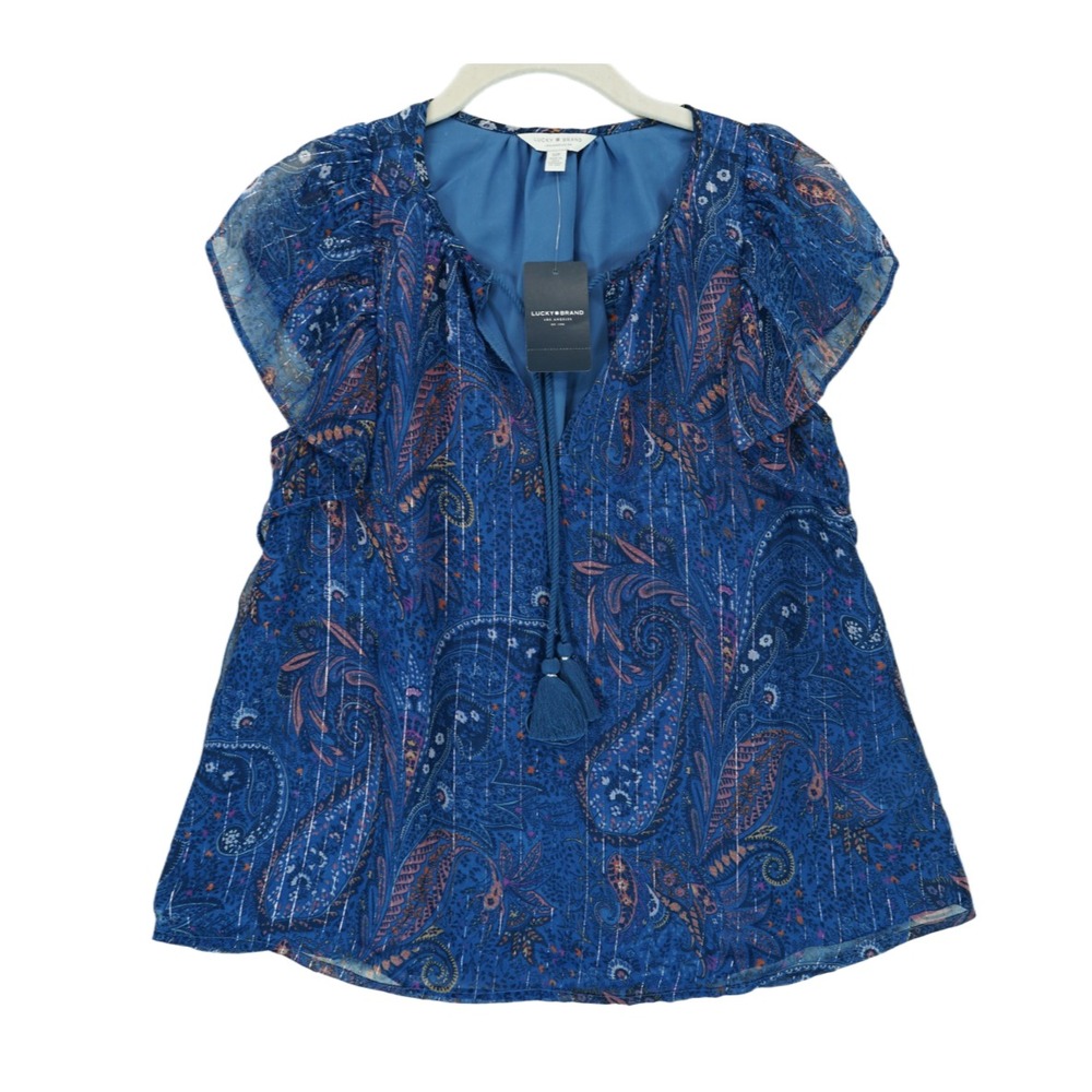 NWT Lucky Brand Womens Size Small Boho Blouse Top Blue Tassel Tie‎ MSRP $69